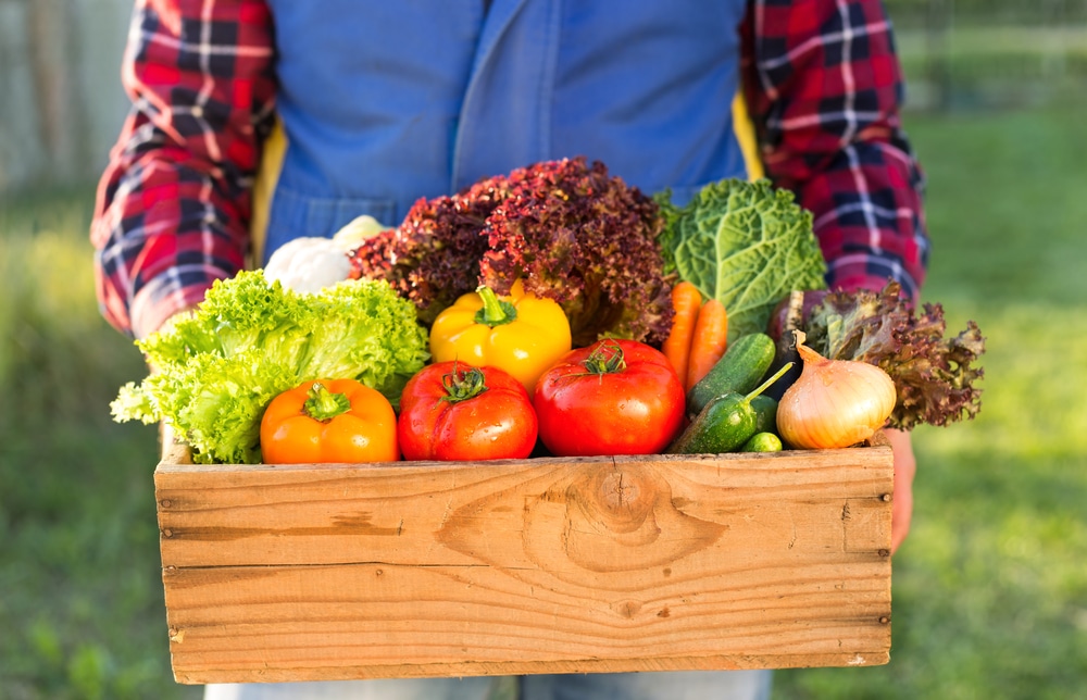 wooden box of vegetables